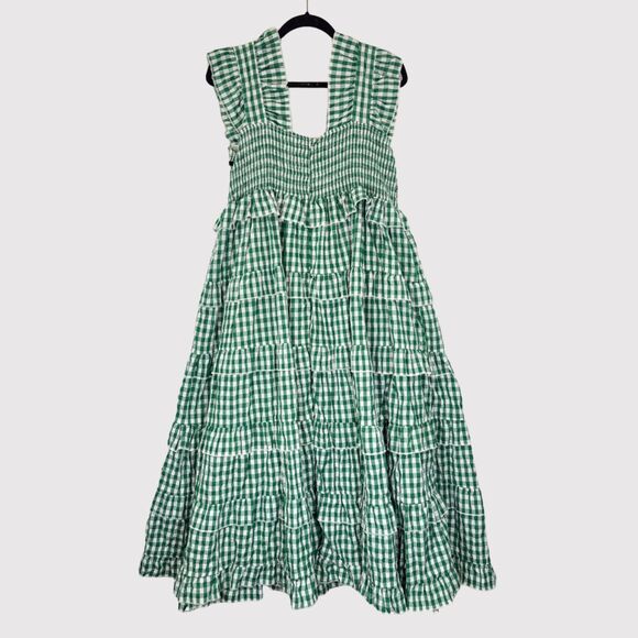 Dream Sister Jane Dress Green Roller Gingham Midi Tiered Ruffle Smocked Large - Picture 3 of 12